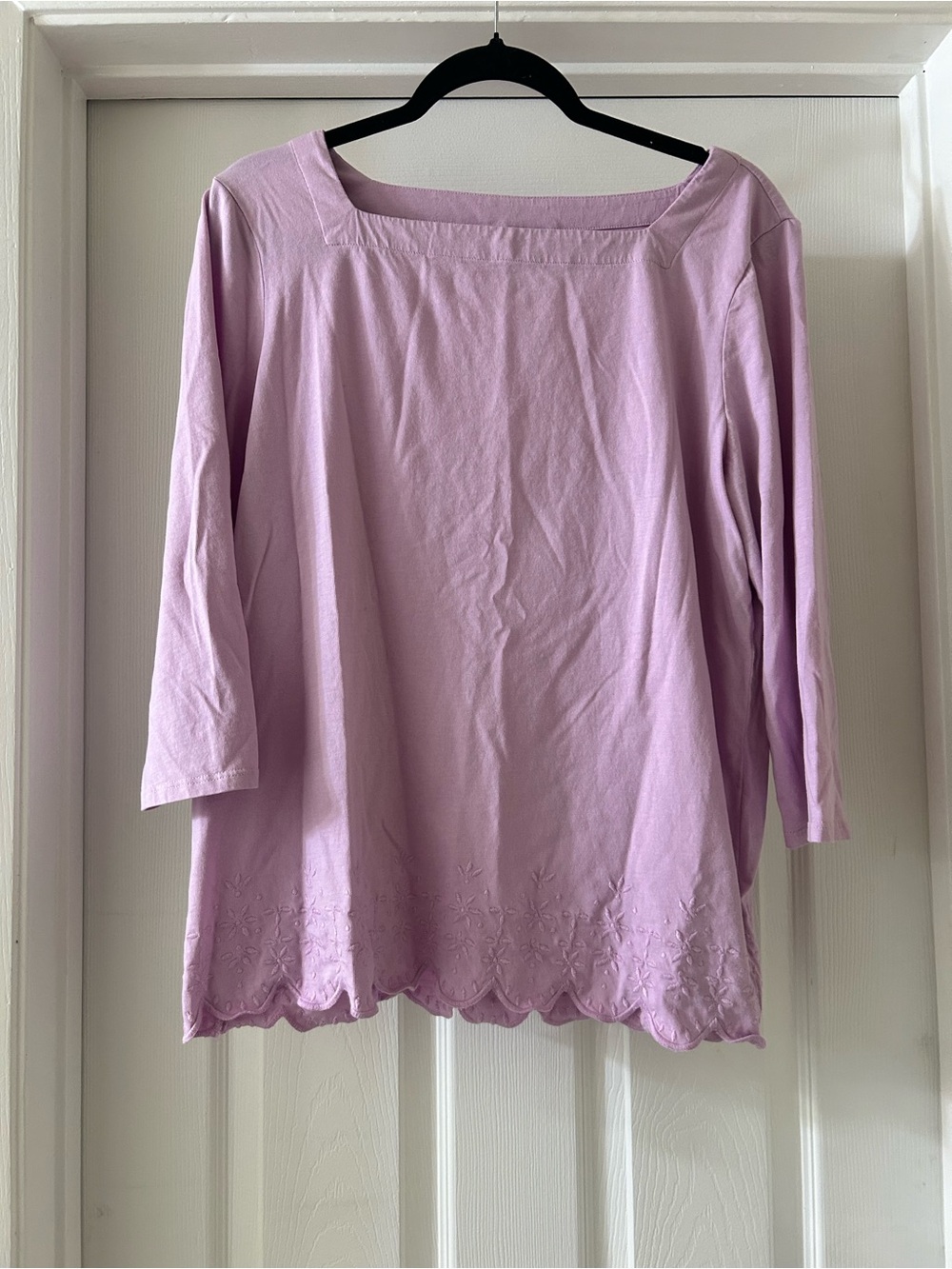 Chico's Lavender Square Neck Long Sleeve Top with Scalloped Embroidered Hem